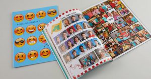 open elementary school yearbook, close yearbook, emoji yearbook cover
