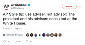 ap stylebook twitter post, adviser vs, advisor