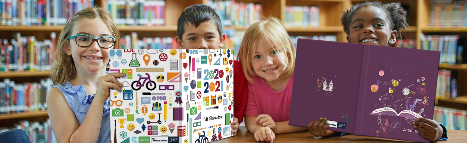 four children in a library looking over two yearbooks