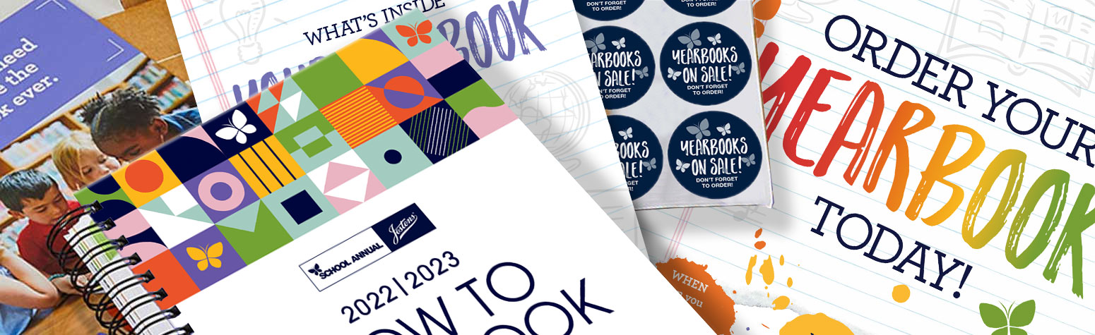 Yearbook Sales Kit laid out with stickers, posters, and the manual