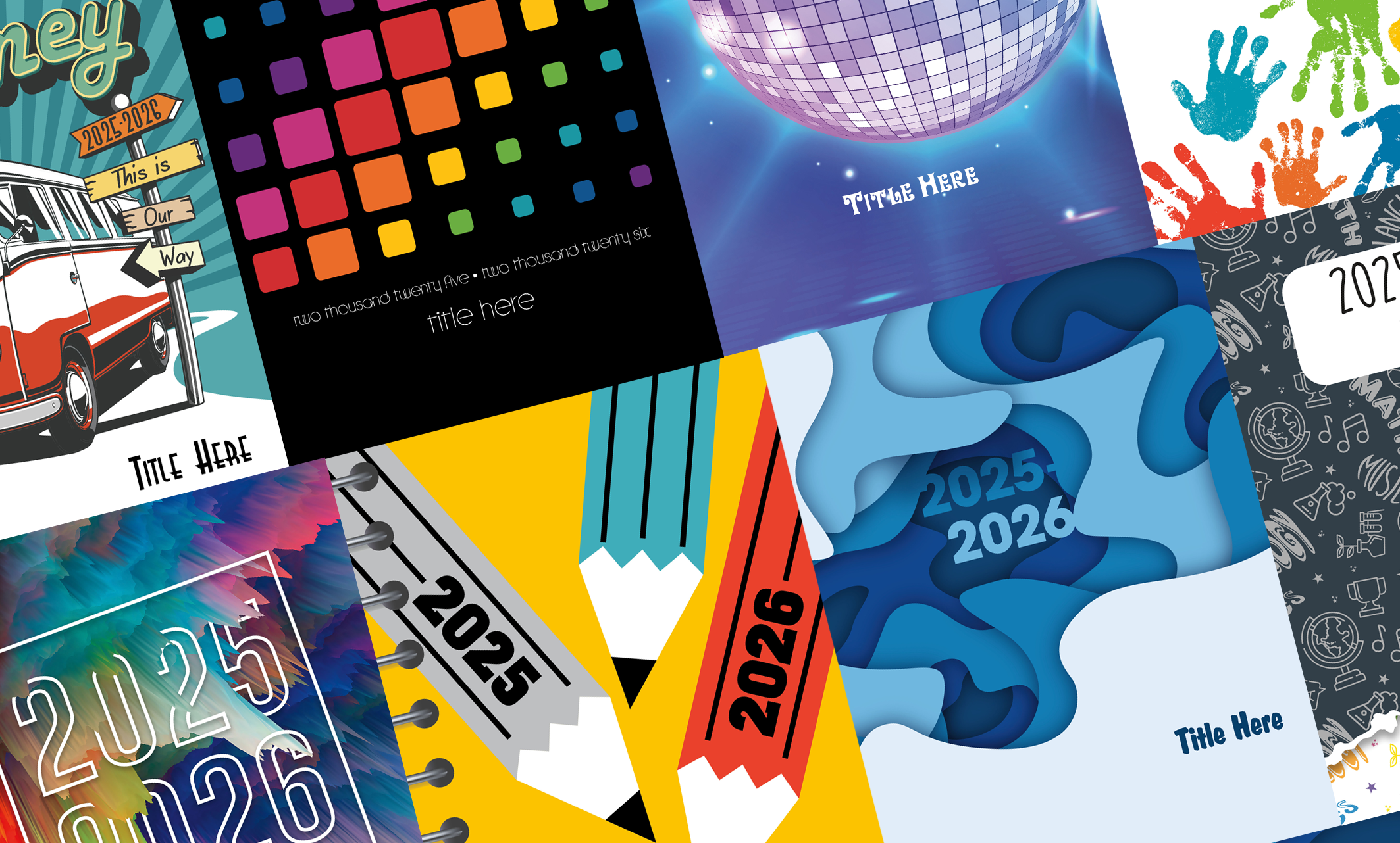 pile of hardcover elementary yearbooks, school yearbooks, yearbook cover design