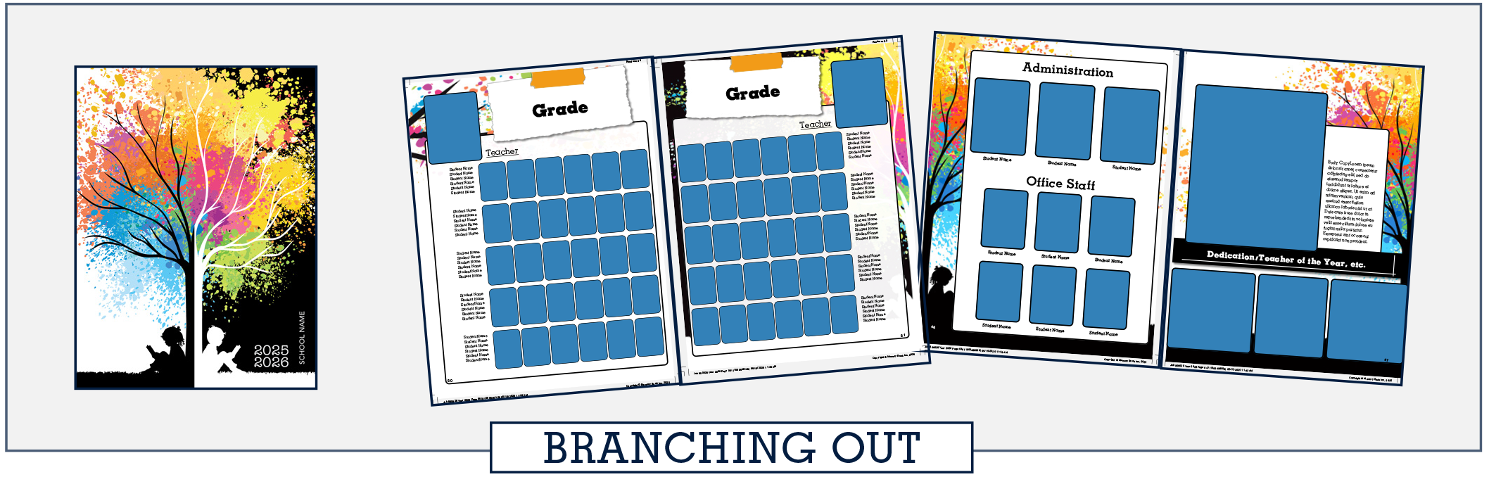 branching_out26 four yearbooks covers stacked loosely