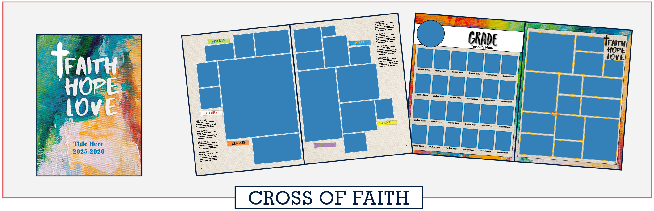 cross_of_faith26 four yearbooks covers stacked loosely