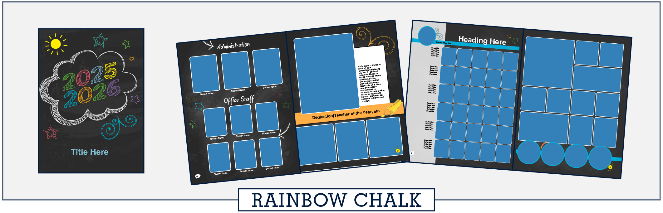 rainbow_chalk26 four yearbooks covers stacked loosely