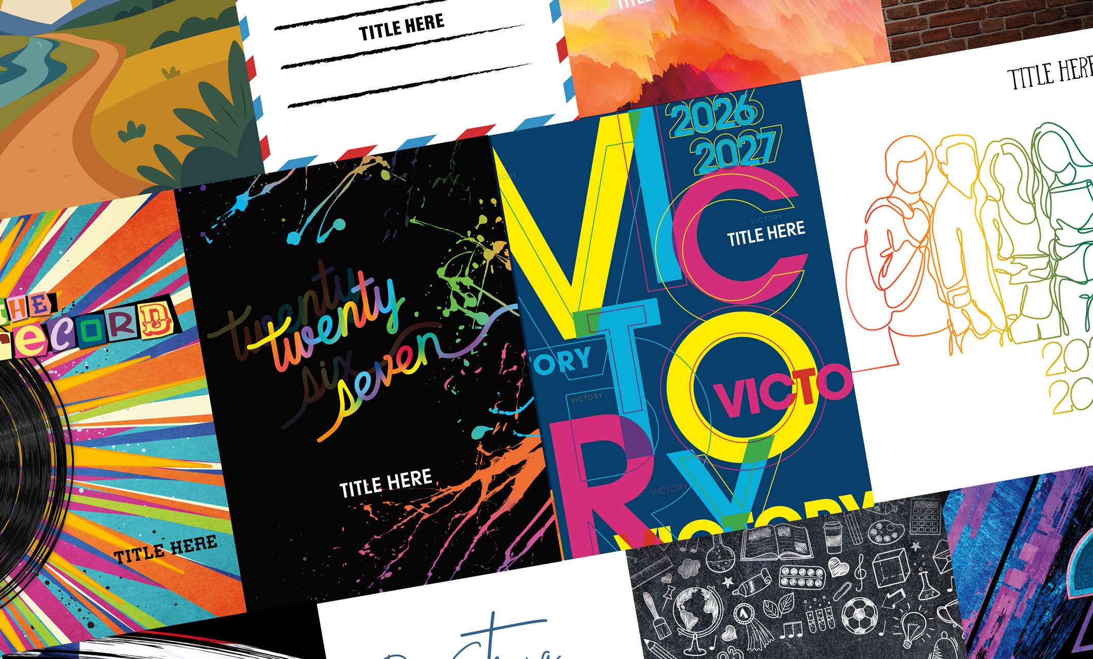 pile of hardcover elementary yearbooks, school yearbooks, yearbook cover design